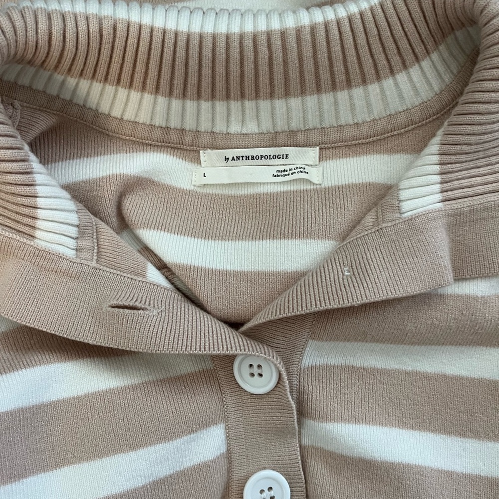 Anthropologie Beige and White Striped Short-Sleeve Polo Sweater - Picture 4 of 5